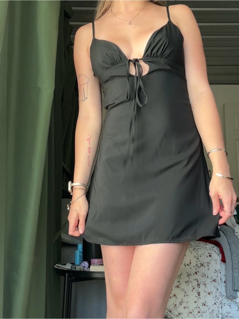 Black Mini Slip Dress with Front Tie